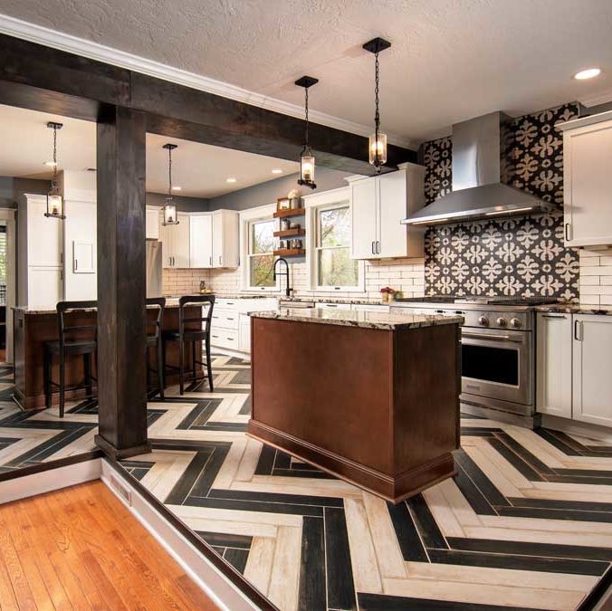 modern farmhouse kitchen with graphic tile designs